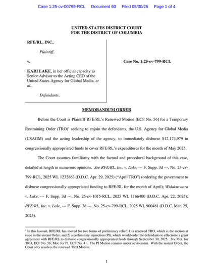 A court document from the United States District Court for the District of Columbia regarding a case between RFE/RL, Inc. and Kari Lake, detailing a memorandum order pertaining to a motion for a temporary restraining order to disburse funds: