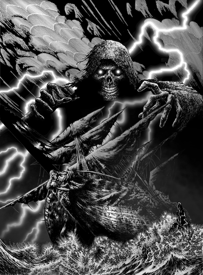 An undead creature leering down on a ship sailing through rough seas.