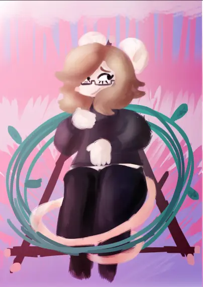 An anthro mouse girl with strawberry blonde hair who is wearing a black turtleneck and glasses, sitting upon a therian symbol made of twigs and vines. There's an abstract drawing of a forest scene behind her, which uses trans flag colors.