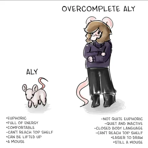 A doodle that depicts a happy looking feral mouse (left) and an anxious looking anthro mouse (right) over a white background. 

The one on the left is captioned "ALY" and underneath it the following bullet points are presented: Euphoric, full of energy, comfortable, can't reach top shelf, can be lifted up, a mouse.

The one on the right is captioned "OVERCOMPLETE ALY" and underneath it the following bullet points are presented: Not quite euphoric, quiet and inactive, closed body language, can't reach top shelf, easier to draw, still a mouse.