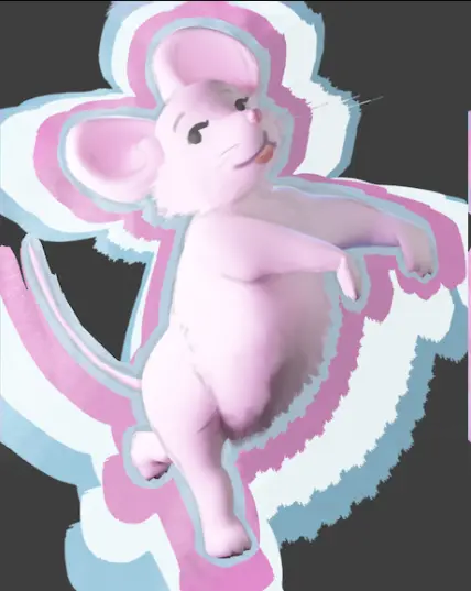 A 3D mouse standing and looking at the viewer happily, outlined by a sketchy gradient of trans flag colors.