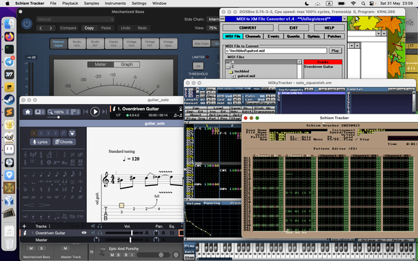 A screenshot of Mac OS showing multiple music-making programs with both modern and antiquated interfaces