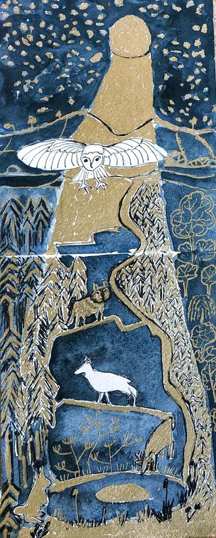 Beam of moonlight illuminating deer, trees, rocks, rabbit, wolf, a pond and an owl soaring above yhem all.
