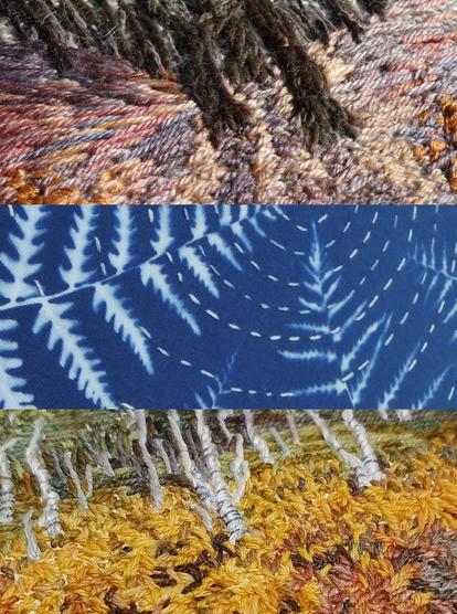 Collage of three horozontal cropped images taken from stitchedartworks. Top: tree trunks and shadows on fallen autumn leaves
Middle: cyanotypes of feen leaves with sashiko stitching 
Bottom: silver birch tree trunks with autumn bracken in front