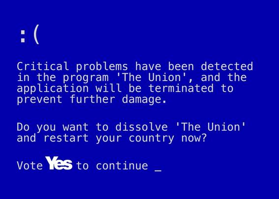 A blue screen with white text displaying an error message about critical problems in a program called "The Union." It prompts the user to choose whether to dissolve the Union and restart their country, with an option to vote "Yes" to continue.