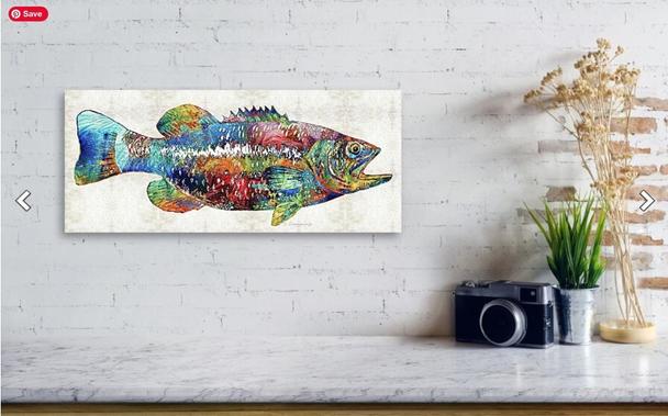 Colorful largemouth bass fish on a creamy textured background by artist and poet Sharon Cummings.