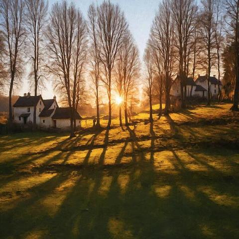 Long shadows of poplar trees at sunset
