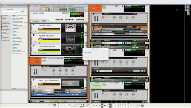 A screenshot of the DAW Reason Studios showing a track export in progress (a bounce) over the main rack screen which holds all the instruments and fx. It’s a complex looking panel filled with knobs and buttons and level meters and a file browser on the left.