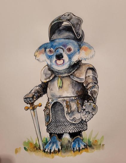 A blue-tinted koala in medieval armor. Done in watercolor. My pencil lines are still visible. This is on fairly thin drawing-grade sketchbook paper and it's just fine.