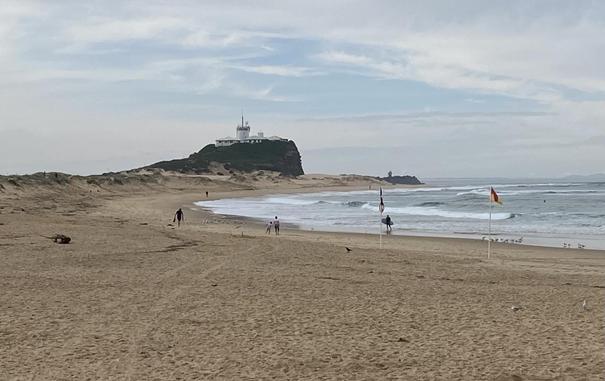 Looking northwards along the light sand of Nobbys Beach to the headland and harbour breakwater. The red and yellow surf life saving flags are up indicating the beach is patrolled open for swimming. In the middle distance a surfer is exiting the water, board under his arm; there are a handful of scattered walkers including a parent and child. Small flocks of seabirds (gulls and terns) huddle in the sand. The sky is pale blue with hazy clouds.