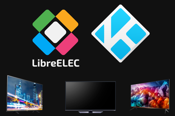 Ikony LibreELEC i Kodi, a pod nimi trzy telewizory.