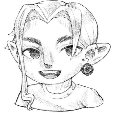 Pencil sketch of a Gaiaonline avatar with pierced elf ears and an asymetrical haircut