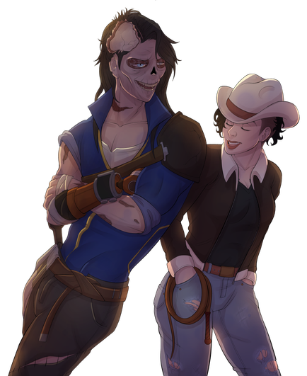 A Fallout ghoul leaning against a woman wearing a cowboy hat and smiling.