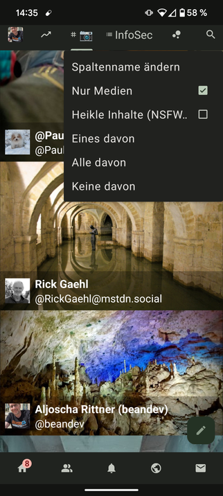 A screenshot from fedilab, an android application for several Fediverse services. It shows the timeline, pinned by the hashtag #FotoVorschlag and configured to show the pictures only. The timeline shows three posts with pictures from the "underground" contest. Only pictures, the account name/handle/picture is visible.