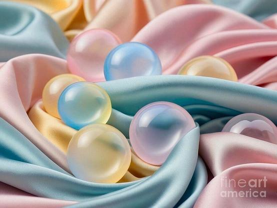 Bubbles or spheres with a pearlescent sheen rest gently on luxurious drapes of pastel-colored silk in pale pink, light blue and soft yellow. The fabric folds of silk create a sense of softness, enhancing the dreamy and serene ambiance.

The bubbles or spheres vary slightly in size and hue, and their translucent nature allows the colors of the underlying fabric to subtly show through.

I set out to create a pretty image of softness with pastel colors that I feel would make a lovely abstract print or look lovely on many of the fine art america products, especially a duvet cover, pillow, etc.

By Kaye Menner
https://kaye-menner.pixels.com/featured/bubbles-on-silk-by-kaye-menner-kaye-menner.html

THE FINE ART AMERICA LOGO WILL NOT APPEAR ON PURCHASED PRINTS OR PRODUCTS.