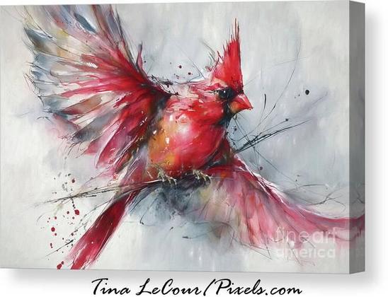 This is a painting of a red cardinal bird perched on a branch with it's wings wide open ready to take flight.
