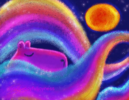 Painting of a capybara sleeping with rainbows flowing around it. A candy orange sun is in the top right corner, and sparkles float all around. The artist's watermark @joyousjoyfuljoyness is written on the bottom left.