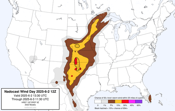 12z Day #Wind Forecast - map of the United States depicting areas of wind risk using various colors