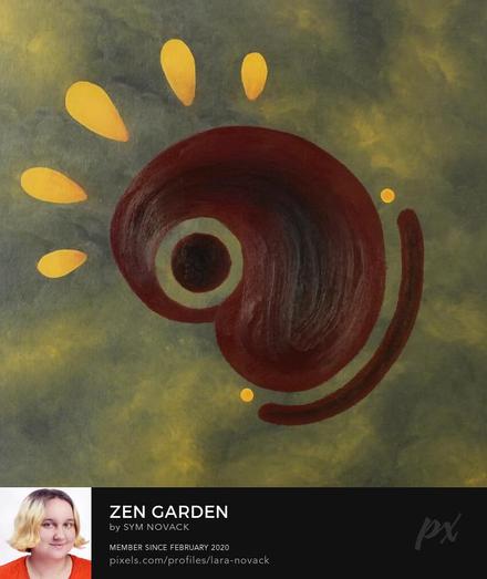 A swirling, abstract shape in deep red and black contrasts against a textured grey and yellow mixture, almost like sand. Yellow teardrop and dot-like elements come to complement the central shape.