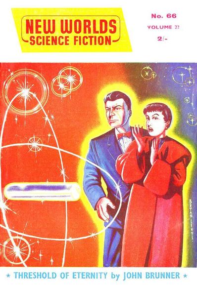 A man and woman in contemporary evening clothes, surrounded by a bright yellow glow, look surprised against a background with star-like shapes and ovals. In front of them is a floating rod-shaped object surrounded by an oval.
New Worlds magazine cover from 1957.