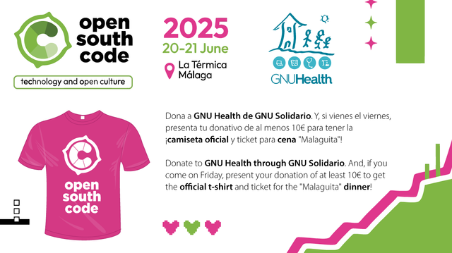 Banner mostrando la camiseta de OpenSouthCode, el logo del evento y el de GNU Health.
Texto"Dona a GNU Health de GNU Solidario. Y, si vienes el viernes, presenta tu donativo de al menos 10€ para tener ¡camiseta oficial y ticket para cena "malaguita"!