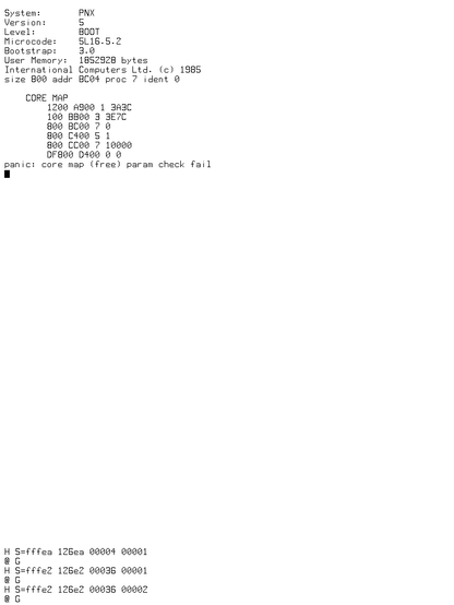 PNX 5 boot screenshot:  "panic: core map (free) param check fail"