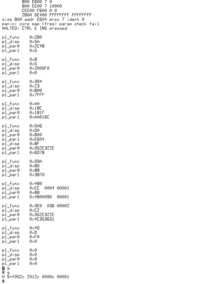 More cryptic PNX 5 debugger output!  Looks like a dump of several parameters (process table?) at startup.  Some old v7 Unix/ICL PNX hacker must recognize this...