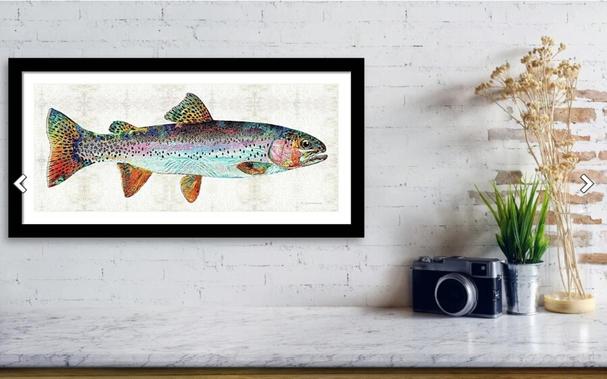 Colorful rainbow trout collage painting in a furniture setting by artist and poet Sharon Cummings.  Haiku in post.