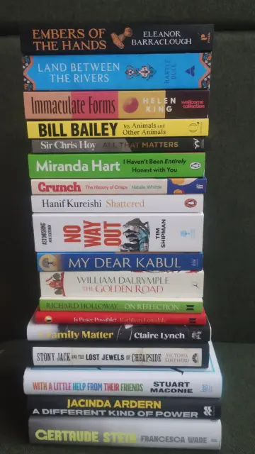 A tower of new hardback and paperback non-fiction releases in the Edinburgh Bookshop