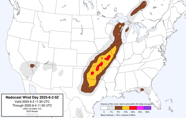 0z Day #Wind Forecast - map of the United States depicting areas of wind risk using various colors