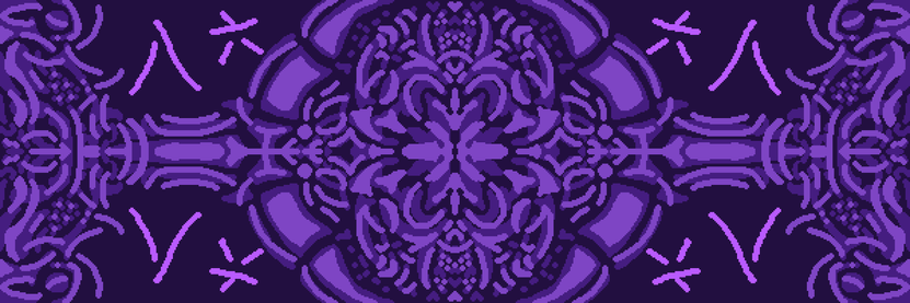 a pixel drawing by octo. here is her image description:
"a four colored drawing using different hues of purple.

the drawing is a mandala looking thing, mirrored in both axes. most of it are just meaningless lines that look pretty.

the only discernible stuff are some heart shaped forms and the number 5 and 8 in japanese