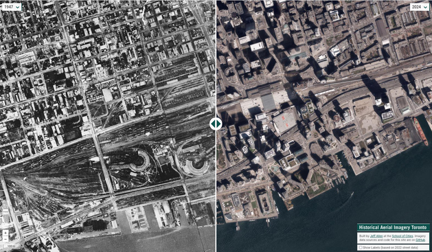 screenshot of an interactive web-map for viewing and comparing historical aerial imagery in Toronto - this screenshot specifically compares downtown Toronto in 1947 to 2024