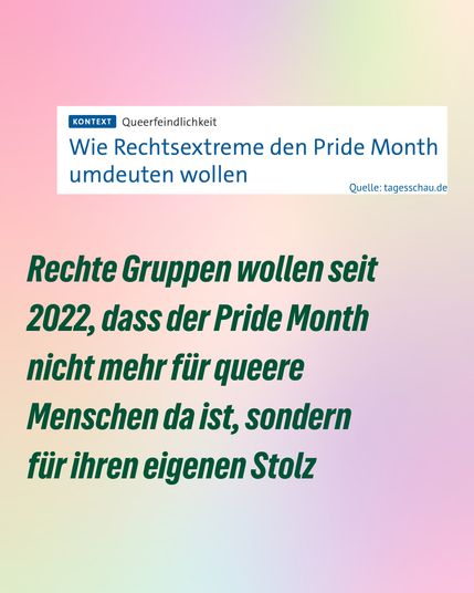 3. Slide Oben ein Screenshot eines Tagesschau Artikels mit dem Titel "Wie Rechtsextreme den Pride Month umdeuten wollen"
Darunter Text mit: Rechte Gruppen wollen seit 2022, dass der Pride Month nicht mehr für queere Menschen da ist, sondern für ihren eigenen Stolz