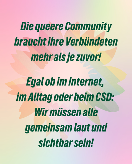 4. Slide, Text: Die queere Community braucht ihre Verbündeten  mehr als je zuvor!
Egal ob im Internet, im Alltag oder beim CSD: 
Wir müssen alle gemeinsam laut und sichtbar sein!