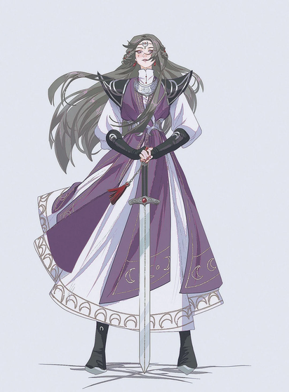 The image depicts a character standing upright, holding a sword with both hands. The character is wearing a long, flowing gown with a purple and white color scheme, featuring intricate gold patterns and crescent moon motifs. The gown has a high collar and is cinched at the waist with a belt. The sleeves are long and black, with shoulder armor that complements the overall design. The character's long, flowing hair is dark and appears to be in motion, suggesting a breeze. The sword has a silver blade and a hilt with red accents. The character's boots are black, and the background is a plain light color, emphasizing the character.