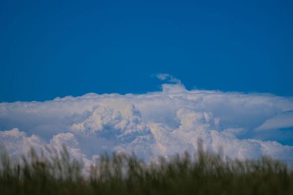 A band of towering cumulus clouds fills the lower half of the frame, backdropped by a deep blue sky. The scene was photographed north of Denver International Airport, with soft grass blurred in the foreground.