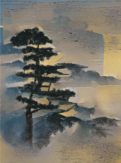 Tree Tops In The Mist digital art. Serene semi-abstract, Asian inspired image of a tall cypress tree, mountains and birds silhouetted against a textured, embossed background of blue and gold.