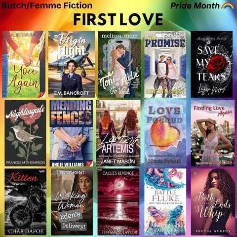15 book covers on a rainbow background for Pride Month on 06/04/25. Theme: First Love.