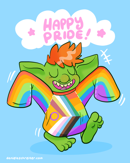 Comic Illustration: a green goblin with red punky hair. They is is happily walking with their arms in the air and wearing an oversized sweater in rainbow colors and the intersex-Inclusive Pride Progress Flag in the middle, combined with the disability pride colors.