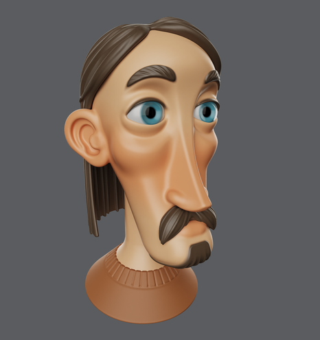 3D model of a caricatural, stylized male head.