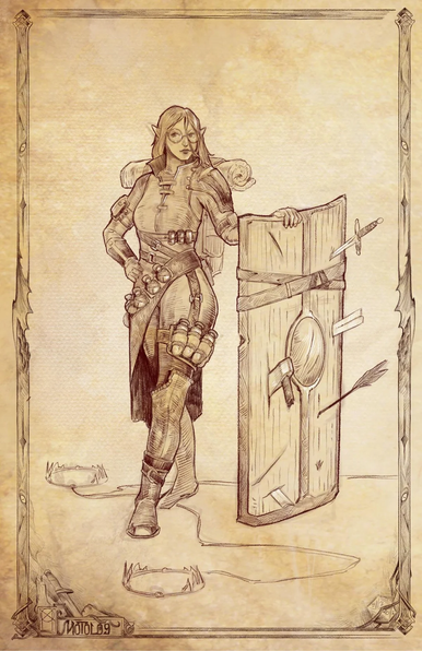 The image depicts a fantasy-style illustration of a female warrior standing confidently with one hand on her hip and the other resting on a large wooden shield. She is dressed in medieval-style armor, including a tunic with shoulder guards, a belt with pouches, and knee-high boots. Her attire is detailed with straps and buckles, and she wears glasses, adding a unique touch to her appearance. The shield is adorned with various weapons, such as a sword and an axe, and arrows are embedded in it, suggesting its use in combat. The background is a parchment-like texture with a decorative border, enhancing the medieval theme. The warrior's stance and the items around her convey a sense of readiness and strength. The bottom left corner of the image features a signature or emblem that reads "GOTLAB."