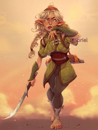 The image features a fantasy character, likely an elf, standing in a dynamic pose. The character has pointed ears, long blonde hair styled in a braid, and blue eyes. She is wearing a green, quilted tunic with brown accents, a red belt, and grey leggings. Her feet are bare, with intricate tattoos visible on her toes. She holds a curved, silver blade in her right hand, suggesting a warrior or rogue archetype. A quiver of arrows is slung across her back, indicating her proficiency with ranged weapons. The background is a warm, orange sky with clouds, suggesting a sunset or sunrise. The character's expression is confident and slightly mischievous, with her left hand resting on her hip. The artist's signature, "Jessica Gabriel," is visible in the image.