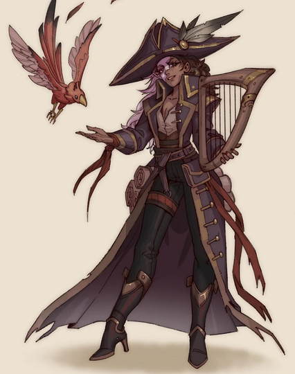 The image depicts a character with a distinct steampunk-inspired aesthetic. The character is a female with long, flowing hair that is a mix of purple and brown, and she has pointed ears, suggesting an elf-like appearance. She is wearing a long, dark purple coat with gold trim and buttons, complemented by a large, triangular hat adorned with a feather. Her attire includes a white shirt with a low neckline, dark green pants, and knee-high boots with gold accents. She holds a harp in her right hand, and her left hand is extended outward, as if interacting with a bird that is flying beside her. The bird is red with outstretched wings, adding a dynamic element to the scene. The character's pose is confident and poised, with one leg slightly forward, suggesting movement or readiness. The background is a plain, light color, which helps to highlight the character and her accessories.