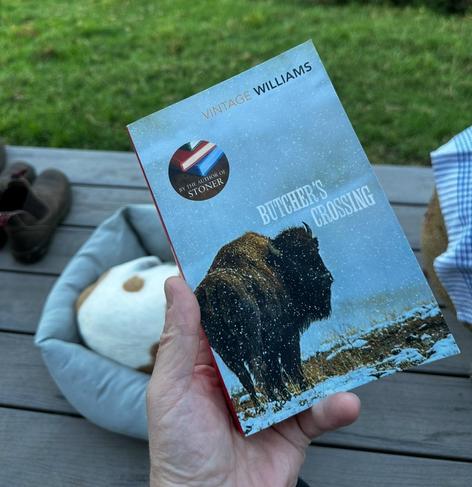 A hand holding the book "Butcher's Crossing" by John Williams. The cover features a bison in a snow-covered landscape. In the background, there are a pair of shoes and a pet bed with a dog.