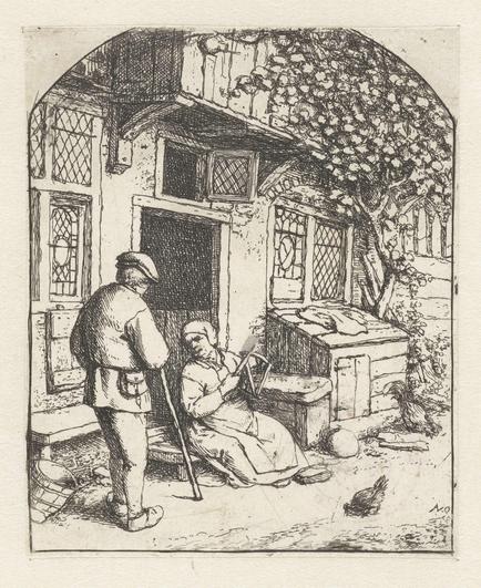 Spinster zittend op de drempel van een huis in gesprek met man, Adriaen van Ostade, 1666 - 1670