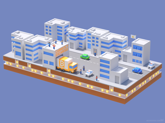 Isometric illustration in a minimalistic voxel style, showing a city detail where police officers arrest Bitcoin money launderers.