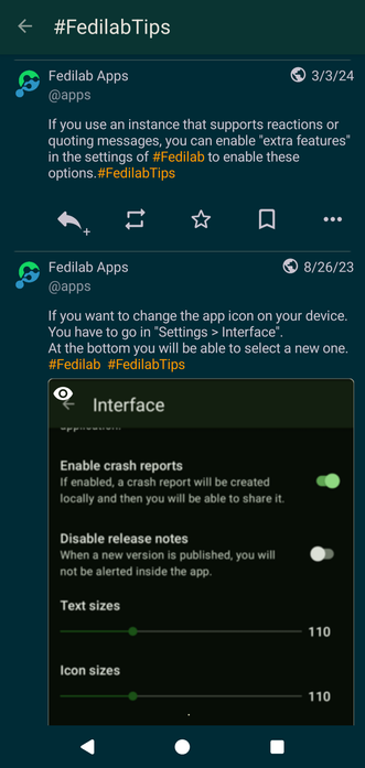 Screenshot of a timeline displaying all our messages containing the hashtag "FedilabTips" after tapping the word in our profile.