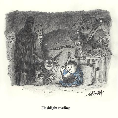 A cartoon illustration of a small boy reading a scary book in his bed with a flashlight. He is surrounded by an array of creepy looking creatures in the dark. Caption reads "Flashlight reading."