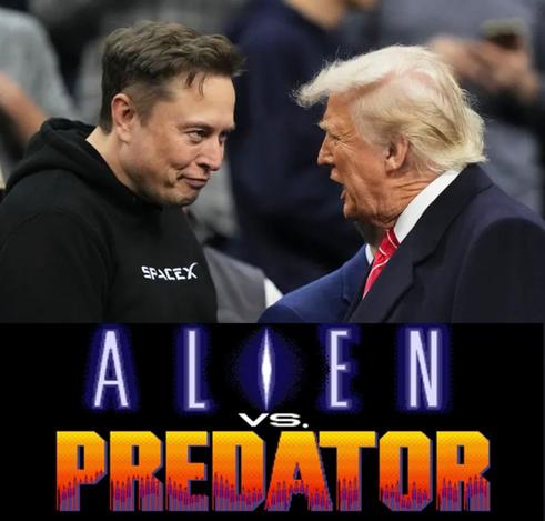 Movie-poster style graphic.
Photo of Elon Musk (left) shaking hands with Donald Trump (right). Overlaid text reads "ALIEN vs. PREDATOR."