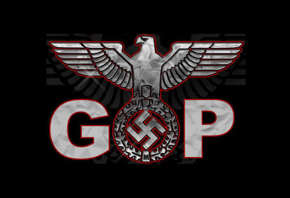 A stylized version of a Nazi symbol, with the words GOP. There is a swastika inside the "O".